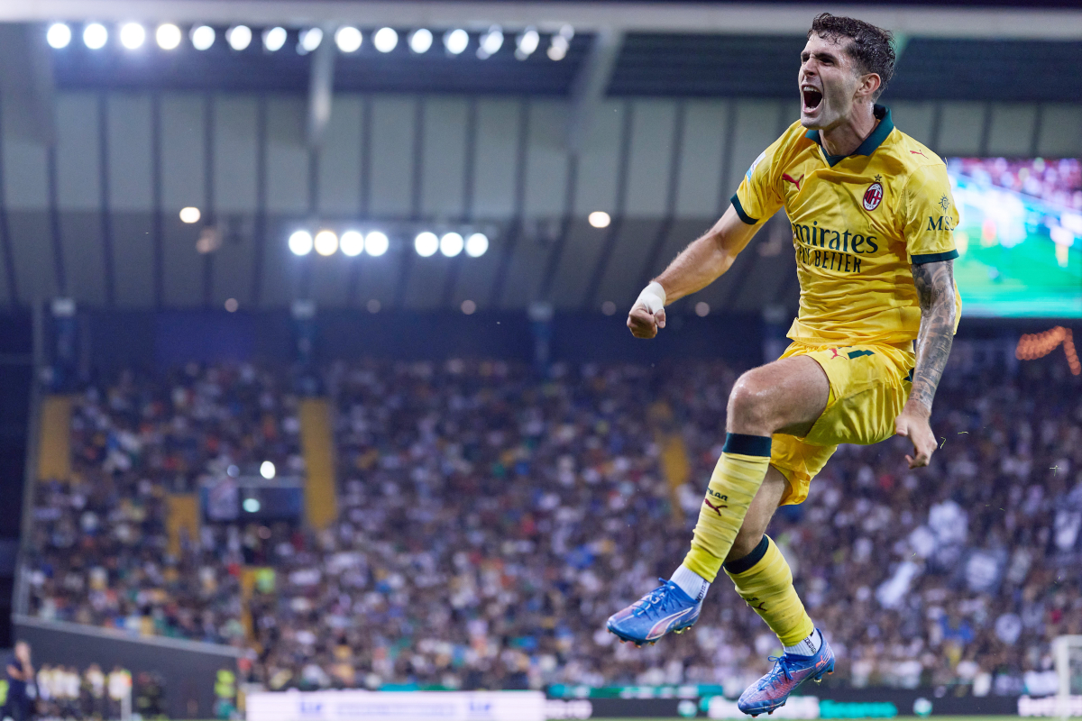 UDINE, ITALY - SEPTEMBER 20: Christian Pulisic of AC Milan celebrates after scoring his team's third goal during the Serie A match between Udinese Calcio and AC Milan at Stadio Friuli on September 20, 2025 in Udine, Italy. (Photo by Emmanuele Ciancaglini/Getty Images)