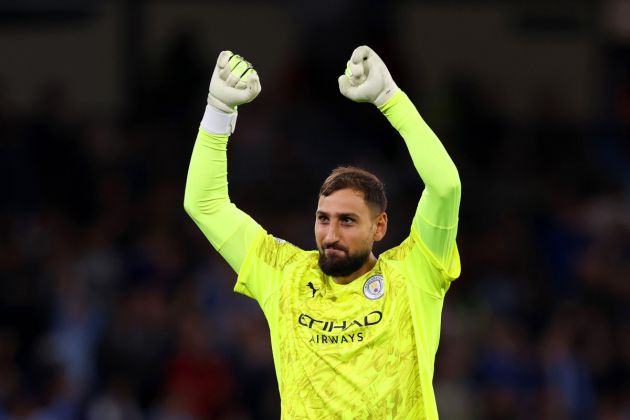 MANCHESTER, ENGLAND - SEPTEMBER 18: Gianluigi Donnarumma of Manchester City celebrates his team's second goal scored by teammate Jeremy Doku (not pictured) during the UEFA Champions League 2025/26 League Phase MD1 match between Manchester City and SSC Napoli at City of Manchester Stadium on September 18, 2025 in Manchester, England. (Photo by Ryan Pierse/Getty Images)