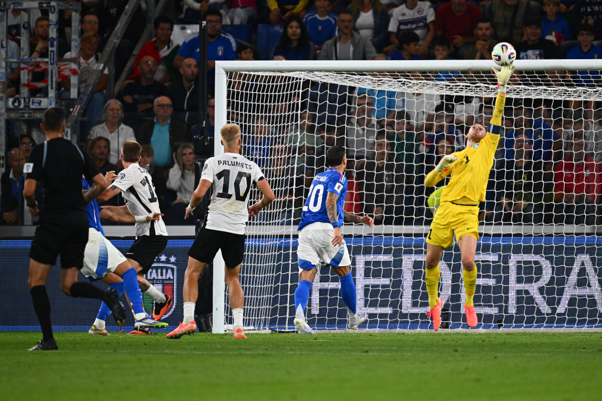 BERGAMO, ITALY - SEPTEMBER 05: Karl Hein of Estonia save during the FIFA World Cup 2026 qualifier match between Italy and Estonia at Stadio di Bergamo on September 05, 2025 in Bergamo, Italy. (Photo by Mattia Ozbot/Getty Images)