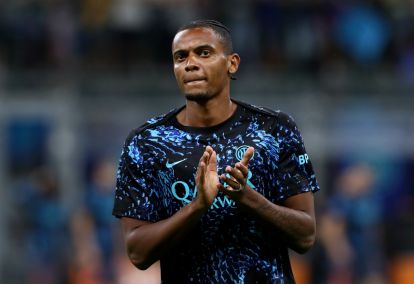 MILAN, ITALY - SEPTEMBER 21: Manuel Akanji of Internazionale looks on as he warms up prior to the Serie A match between FC Internazionale and US Sassuolo Calcio at Giuseppe Meazza Stadium on September 21, 2025 in Milan, Italy. (Photo by Marco Luzzani/Getty Images)