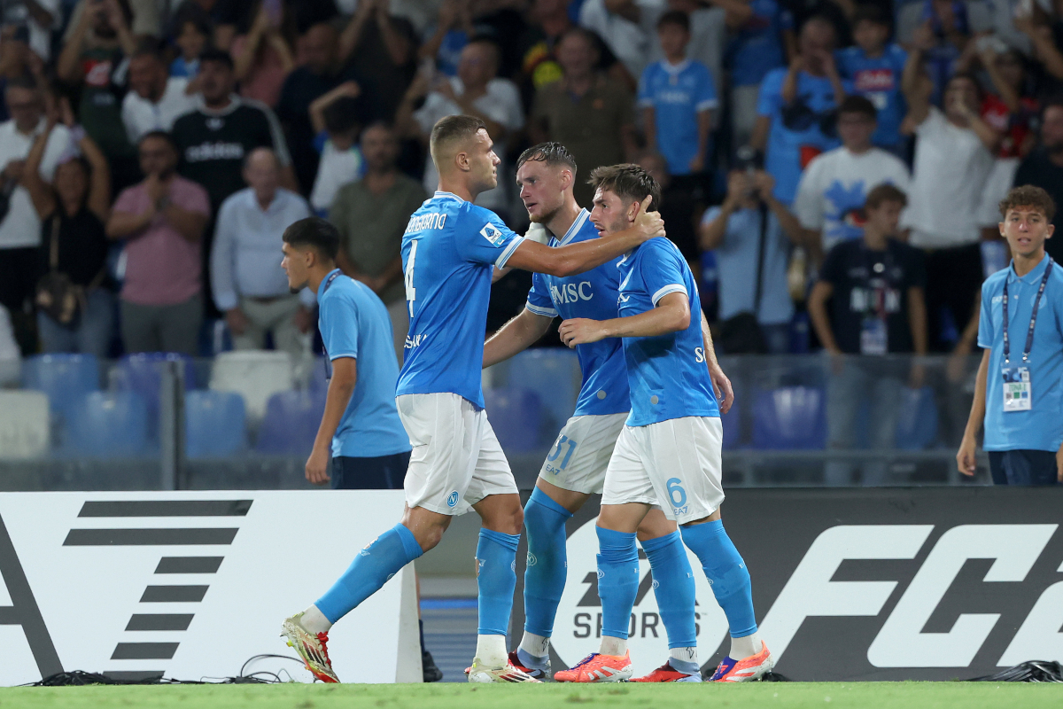 NAPLES, ITALY - SEPTEMBER 22: Billy Gilmour of SSC Napoli celebrates with his teammates after scoring his side first goal during the Serie A match between SSC Napoli and Pisa SC at Stadio Diego Armando Maradona on September 22, 2025 in Naples, Italy. (Photo by Francesco Pecoraro/Getty Images)