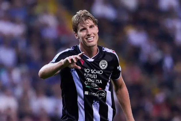 UDINE, ITALY - SEPTEMBER 20: Thomas Kristensen of Udinese Calcio gestures during the Serie A match between Udinese Calcio and AC Milan at Stadio Friuli on September 20, 2025 in Udine, Italy. (Photo by Emmanuele Ciancaglini/Getty Images)