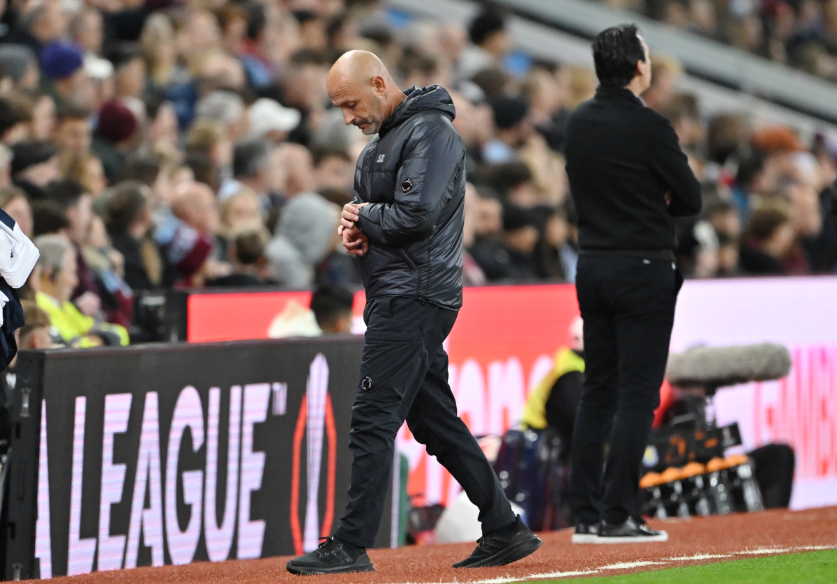 Birmingham, England - September 25: Vincenzo Italo, head coach of Bologna FC 1909, checks bystanders' watches during the Aston Villa FC 1909 Aston Villa FC 1909 UEFA Europa League 2025/26 League Phase MD1 match at Villa Park held in Birmingham, England on September 25, 2025. (Photo: Dan Mullan/Getty Images)