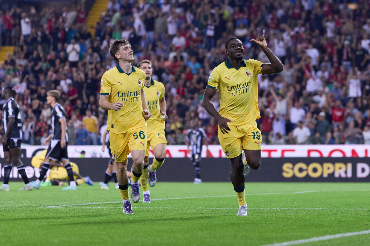 UDINE, ITALY - SEPTEMBER 20: Youssouf Fofana of AC Milan celebrates after scoring his team's second goal during the Serie A match between Udinese Calcio and AC Milan at Stadio Friuli on September 20, 2025 in Udine, Italy. (Photo by Emmanuele Ciancaglini/Getty Images)