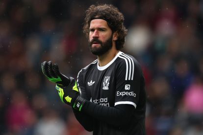 BURNLEY, ENGLAND - SEPTEMBER 14: Liverpool goalkeeper Alisson Becker reacts during the Premier League match between Burnley and Liverpool at Turf Moor on September 14, 2025 in Burnley, England. (Photo by Stu Forster/Getty Images)
