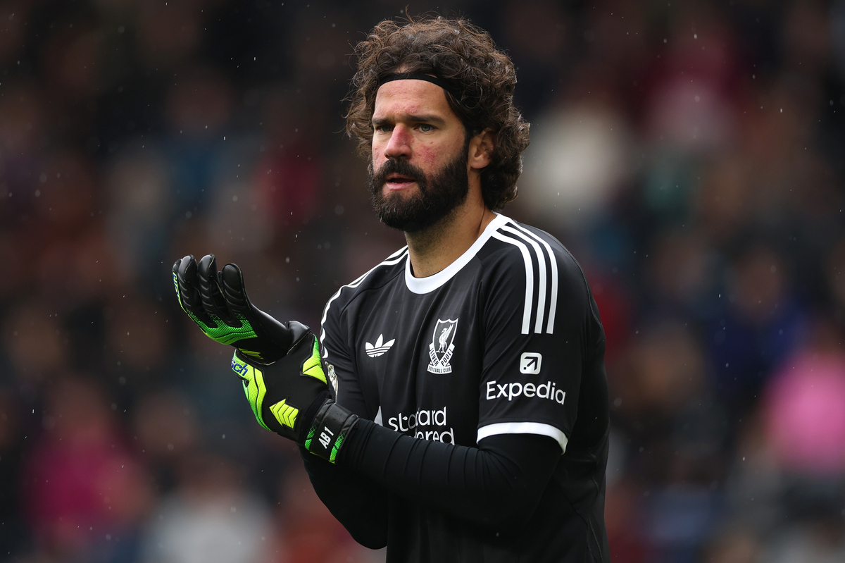 BURNLEY, ENGLAND - SEPTEMBER 14: Liverpool goalkeeper Alisson Becker reacts during the Premier League match between Burnley and Liverpool at Turf Moor on September 14, 2025 in Burnley, England. (Photo by Stu Forster/Getty Images)