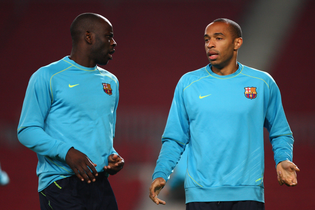 BARCELONA, SPAIN - MARCH 03: Thierry Henry (right) and Lilian Thuram (left) of Barcelona during the Barcelona Training session ahead of the UEFA Champions League second leg of the First knockout round match between Barcelona and Celtic at the Camp Nou stadium on March 3, 2008 in Barcelona,Spain. (Photo by Michael Steele/Getty Images)
