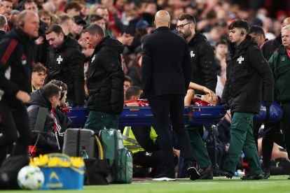 LIVERPOOL, ENGLAND - SEPTEMBER 23: Giovanni Leoni of Liverpool is stretchered off having suffered an injury during the Carabao Cup Third Round match between Liverpool and Southampton at Anfield on September 23, 2025 in Liverpool, England. (Photo by Jan Kruger/Getty Images)