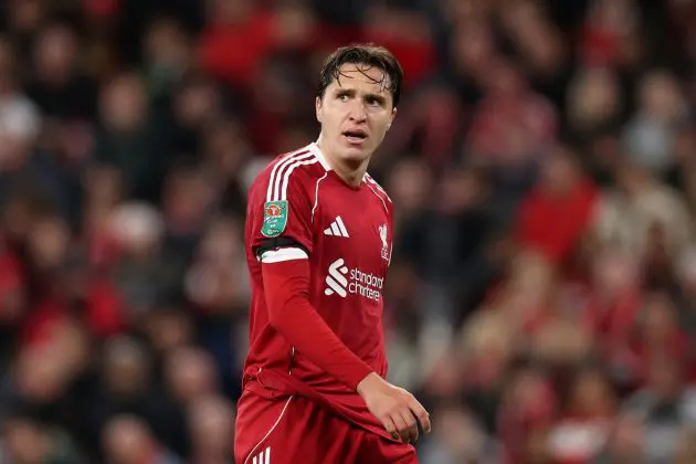 LIVERPOOL, ENGLAND - SEPTEMBER 23: Federico Chiesa of Liverpool during the Carabao Cup Third Round match between Liverpool and Southampton at Anfield on September 23, 2025 in Liverpool, England. (Photo by Jan Kruger/Getty Images)