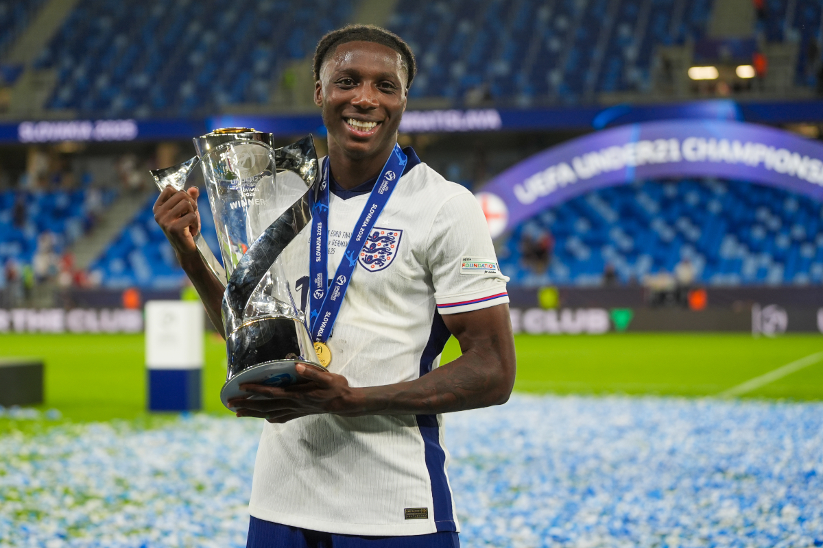 BRATISLAVA, SLOVAKIA - JUNE 28: Brooke Norton-Cuffy of U21 England celebrates with the UEFA European Under-21 Championship trophy after his team's victory in the UEFA European Under-21 Championship 2025 Final match between England and Germany at National Football stadium on June 28, 2025 in Bratislava, Slovakia. (Photo by Christian Hofer/Getty Images)