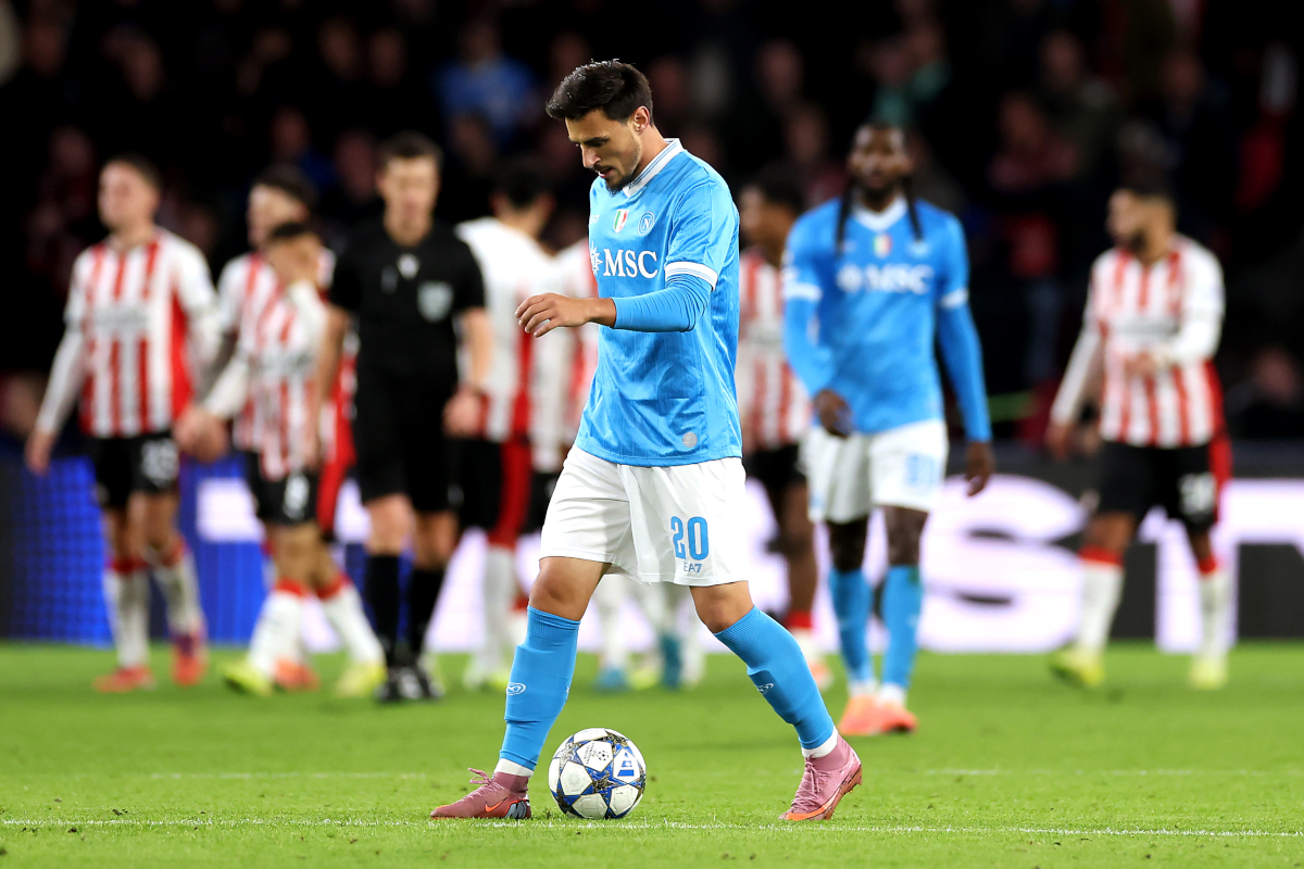EINDHOVEN, NETHERLANDS - OCTOBER 21: Eljif Elmas of Napoli looks dejected during the UEFA Champions League 2025/26 League Phase MD3 match between PSV Eindhoven and SSC Napoli at PSV Stadion on October 21, 2025 in Eindhoven, Netherlands. (Photo by Dean Mouhtaropoulos/Getty Images)