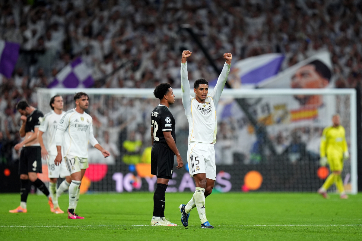 MADRID, SPAIN - OCTOBER 22: Jude Bellingham of Real Madrid celebrates scoring his team's first goal during the UEFA Champions League 2025/26 League Phase MD3 match between Real Madrid C.F. and Juventus at Estadio Santiago Bernabeu on October 22, 2025 in Madrid, Spain. (Photo by Angel Martinez/Getty Images)
