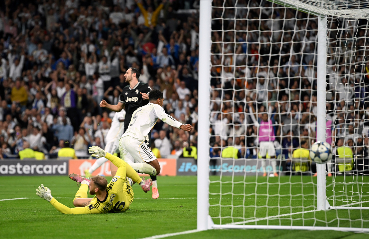 MADRID, SPAIN - OCTOBER 22: Jude Bellingham of Real Madrid celebrates scoring his team's first goal during the UEFA Champions League 2025/26 League Phase MD3 match between Real Madrid C.F. and Juventus at Estadio Santiago Bernabeu on October 22, 2025 in Madrid, Spain. (Photo by Denis Doyle/Getty Images)