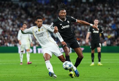 MADRID, SPAIN - OCTOBER 22: Jude Bellingham of Real Madrid battles for possession with Khephren Thuram of Juventus during the UEFA Champions League 2025/26 League Phase MD3 match between Real Madrid C.F. and Juventus at Estadio Santiago Bernabeu on October 22, 2025 in Madrid, Spain. (Photo by Angel Martinez/Getty Images)