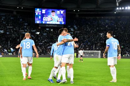ROME, ITALY - OCTOBER 26: Toma Basic of SS Lazio celebrates a opening goal with his team mates during the Serie A match between SS Lazio and Juventus FC at Stadio Olimpico on October 26, 2025 in Rome, Italy. (Photo by Marco Rosi - SS Lazio/Getty Images)