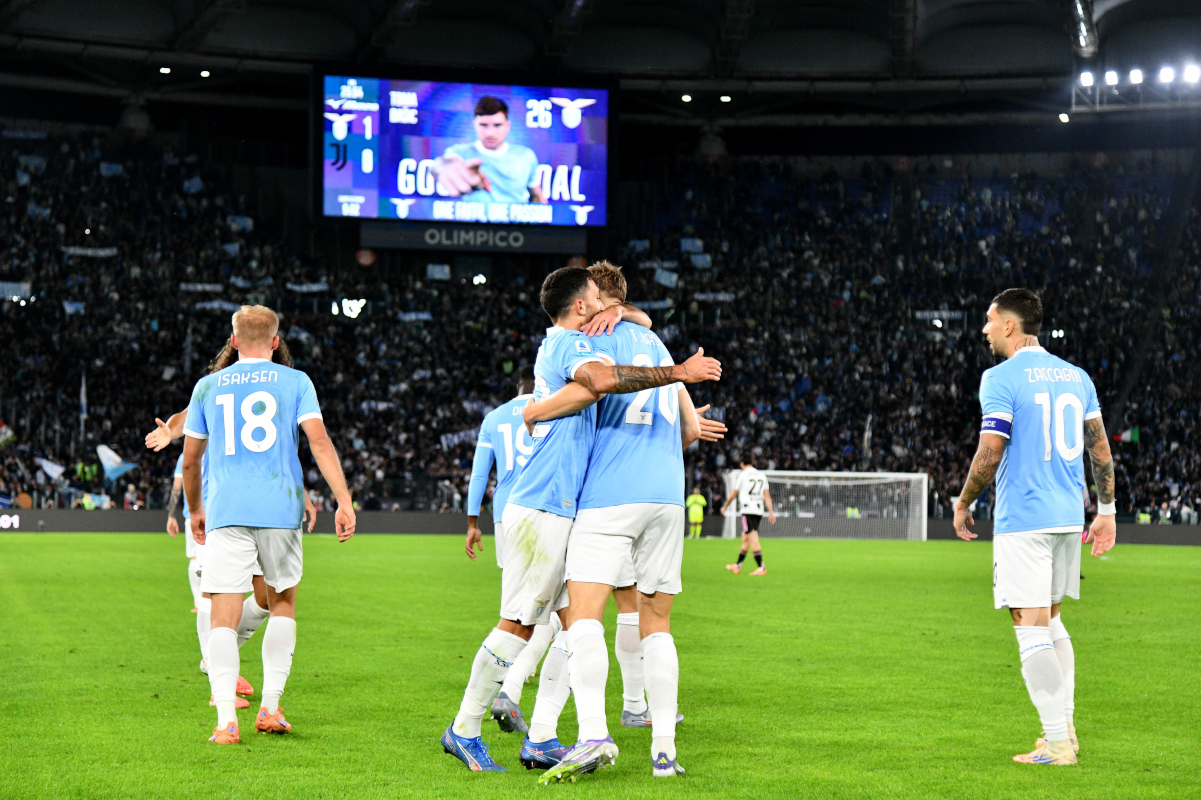 ROME, ITALY - OCTOBER 26: Toma Basic of SS Lazio celebrates a opening goal with his team mates during the Serie A match between SS Lazio and Juventus FC at Stadio Olimpico on October 26, 2025 in Rome, Italy. (Photo by Marco Rosi - SS Lazio/Getty Images)