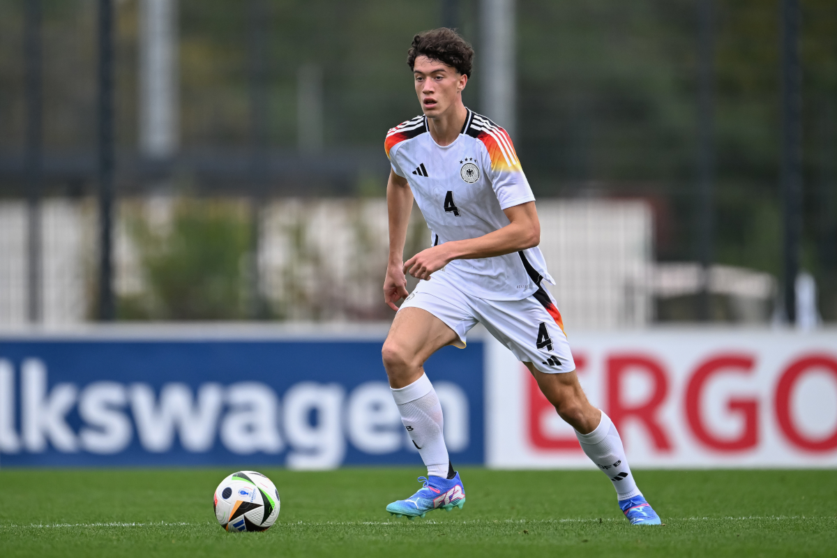 FRANKFURT AM MAIN, GERMANY - OCTOBER 09: Matteo Palma of U17 Germany in action during the UEFA Under17 EURO Qualifier between Germany U17 and Andorra U17 at DFB-Campus on October 09, 2024 in Frankfurt am Main, Germany. (Photo by Christian Kaspar-Bartke/Getty Images for DFB)