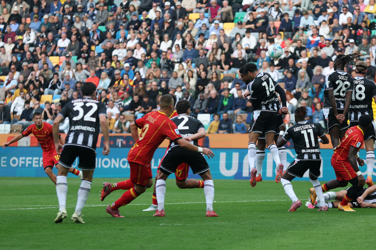 UDINE, ITALY - OCTOBER 25: Medon Berisha of Lecce scores his team's first goal from a free kick during the Serie A match between Udinese Calcio and US Lecce at Stadio Friuli on October 25, 2025 in Udine, Italy. (Photo by Timothy Rogers/Getty Images)