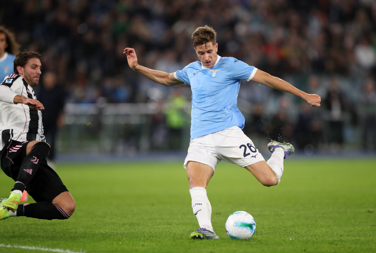 ROME, ITALY - OCTOBER 26: Toma Basic of Lazio scores his team's first goal during the Serie A match between SS Lazio and Juventus FC at Stadio Olimpico on October 26, 2025 in Rome, Italy. (Photo by Paolo Bruno/Getty Images)