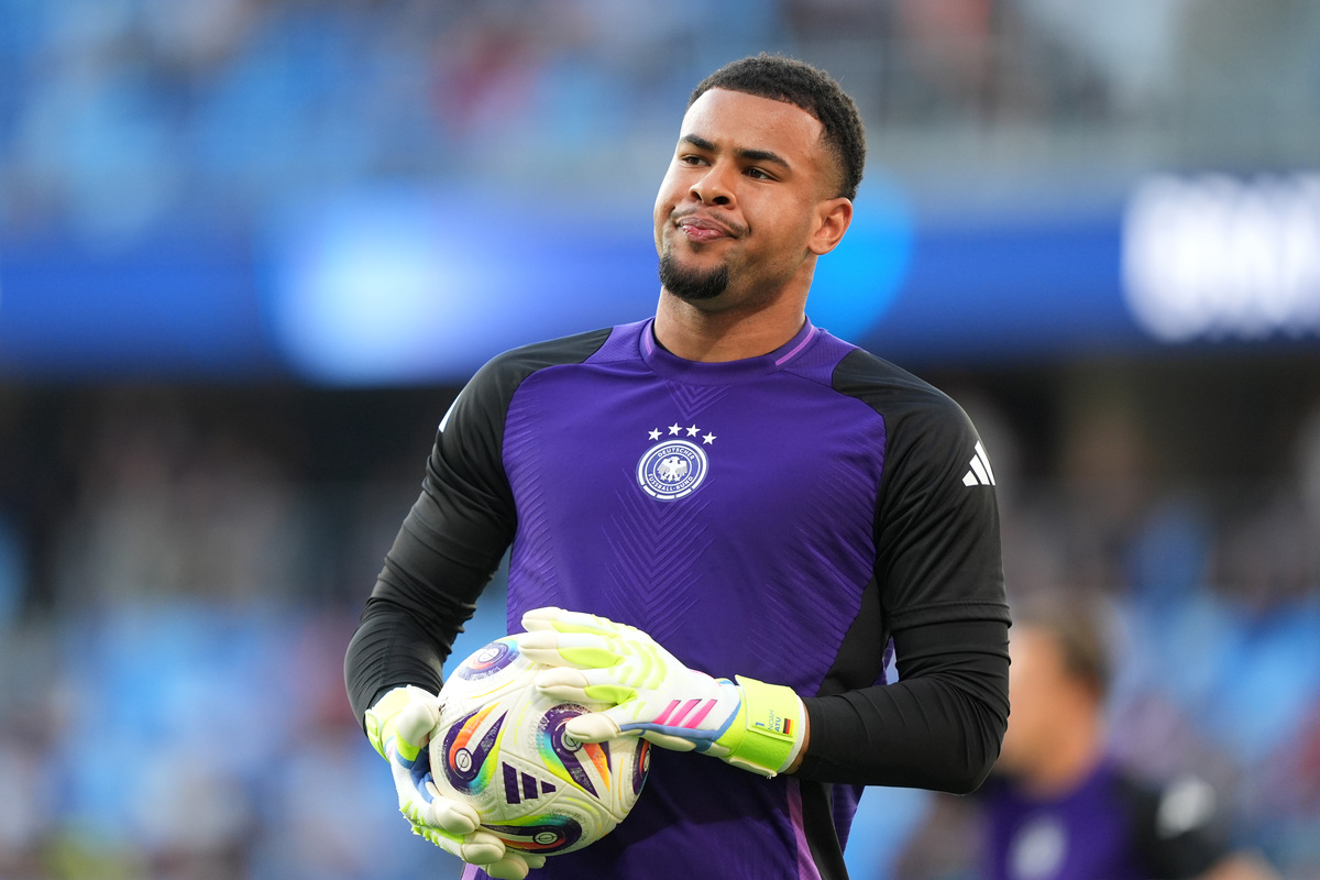 BRATISLAVA, SLOVAKIA - JUNE 28: Noah Atubolu of Germany warms up prior to the UEFA European Under-21 Championship 2025 Final match between England and Germany at National Football stadium on June 28, 2025 in Bratislava, Slovakia. (Photo by Christian Hofer/Getty Images)