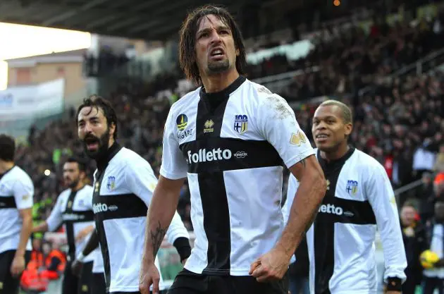 PARMA, ITALY - JANUARY 06: Amauri Carvalho De Oliveira of Parma FC celebrates his goal during the Serie A match between Parma FC and Torino FC at Stadio Ennio Tardini on January 6, 2014 in Parma, Italy. (Photo by Marco Luzzani/Getty Images)