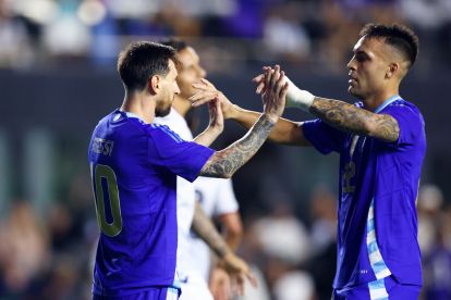 FORT LAUDERDALE, FLORIDA - OCTOBER 14: Lautaro Martínez of Argentina celebrates after scoring his team's sixth goal with teammate Lionel Messi during the International Friendly match between Puerto Rico and Argentina at Chase Stadium on October 14, 2025 in Fort Lauderdale, Florida. (Photo by Megan Briggs/Getty Images)