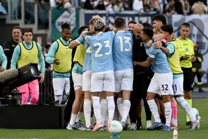 ROME, ITALY - OCTOBER 04: Matteo Cancellieri of SS Lazio celebrates a second goal with his team mates during the Serie A match between SS Lazio and Torino FC at Stadio Olimpico on October 04, 2025 in Rome, Italy. (Photo by Marco Rosi - SS Lazio/Getty Images)