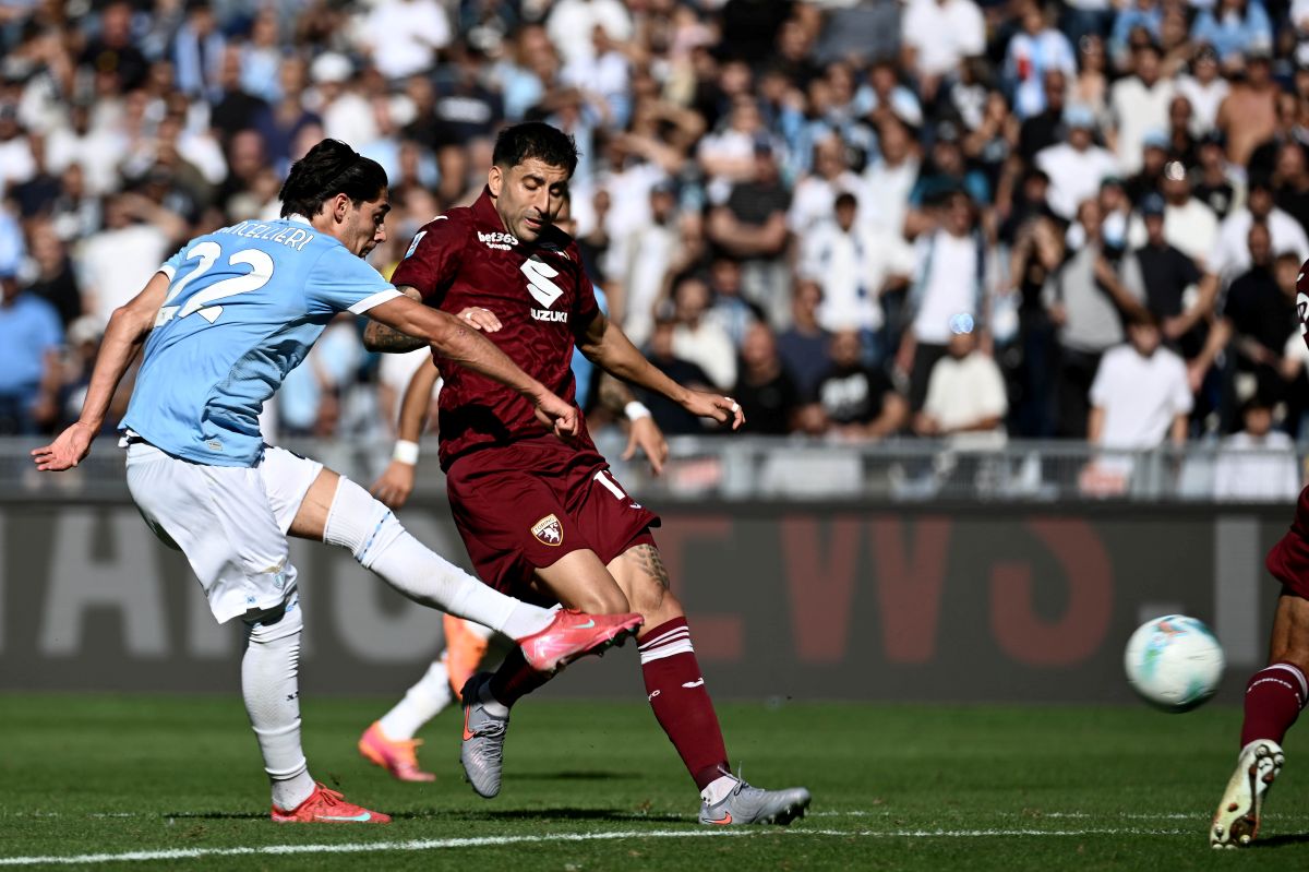 ROME, ITALY - OCTOBER 04: Matteo Cancellieri of SS Lazio celebrates a second goal with his team mates during the Serie A match between SS Lazio and Torino FC at Stadio Olimpico on October 04, 2025 in Rome, Italy. (Photo by Marco Rosi - SS Lazio/Getty Images)
