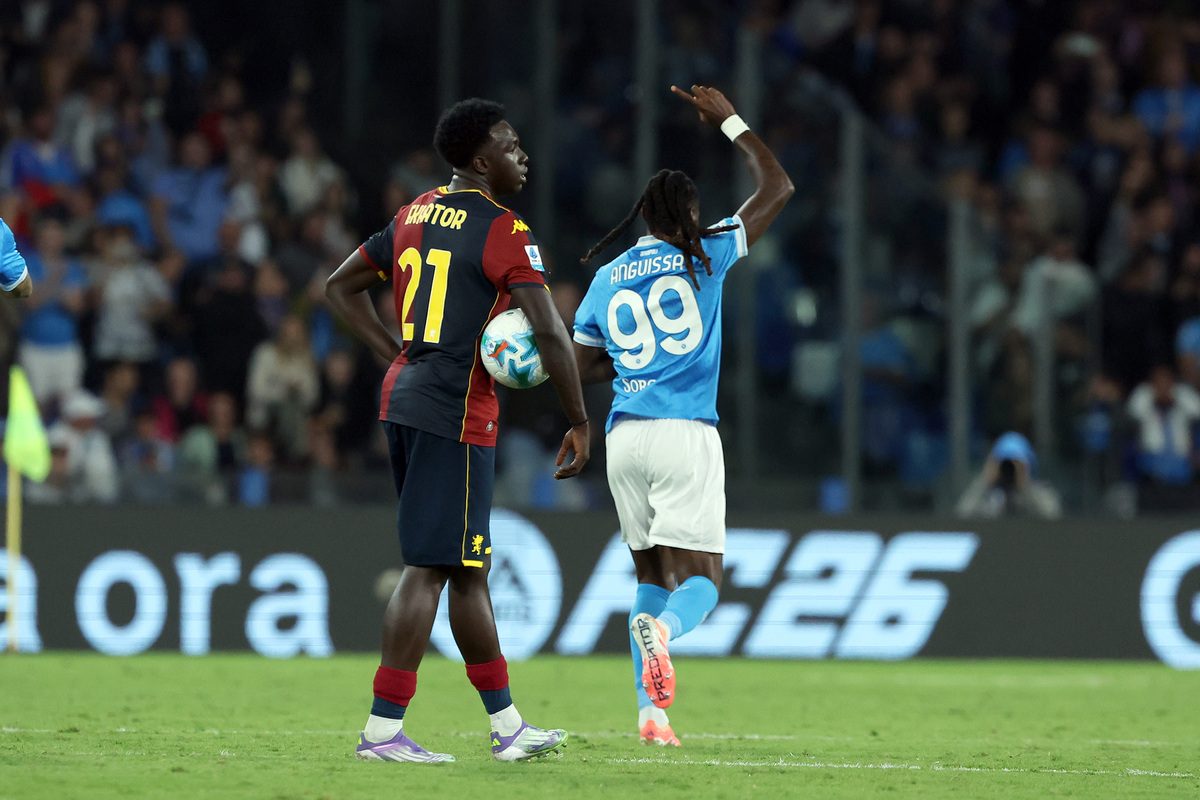Nápoles, Itália -9 de outubro: O SSC Napoli Frank Anguisa SSC Napoli e Genoa CFC comemoraram o primeiro gol durante a partida em Diego Armando Maradona em 05 de outubro de 2025, 2025 na Itália. (Foto de Francesco Pacoro/Getty Fig.)