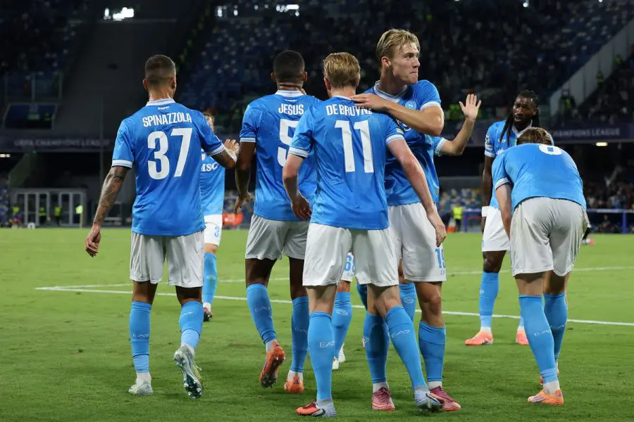 Rasmus Hojlund celebrates scoring for Napoli against Sporting
