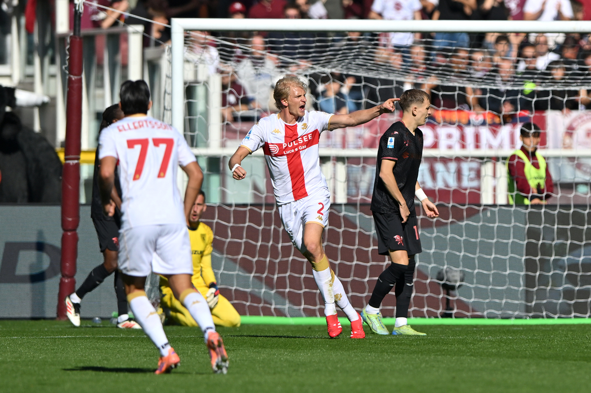 TURIN, ITALY - OCTOBER 26: Morten Thorsby of Genoa celebrates scoring his team's first goal during the Serie A match between Torino FC and Genoa CFC at Stadio Olimpico di Torino on October 26, 2025 in Turin, Italy. (Photo by Chris Ricco/Getty Images)