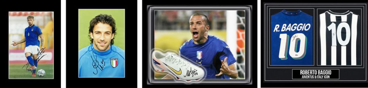 Autographed Matteo Lovotto Photo Display £9.99, Signed Alessandro Del Piero Photo Display 16×12 £9.99, Signed Alessandro Del Piero FramedBoot, £799, Signed Roberto Baggio Duo Shirts £2,499, courtesy Firma Stella.