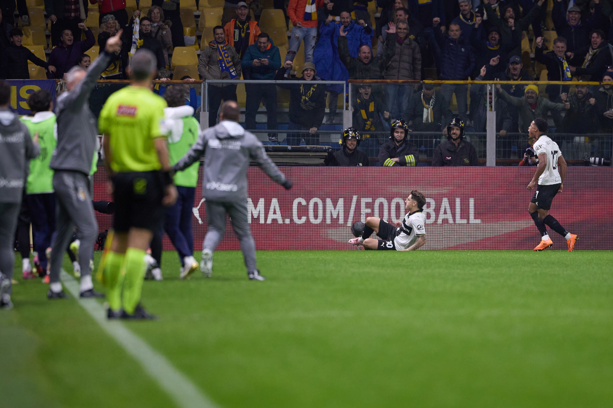 PARMA, ITALY - NOVEMBER 02: Adrian Bernabe of Parma Calcio celebrates after scoring his team's first goal during the Serie A match between Parma Calcio 1913 and Bologna FC 1909 at Stadio Ennio Tardini on November 02, 2025 in Parma, Italy. (Photo by Emmanuele Ciancaglini/Getty Images)