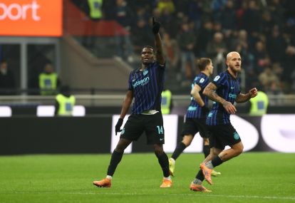 MILAN, ITALY - NOVEMBER 09: Ange-Yoan Bonny of Internazionale celebrates scoring his team's second goal during the Serie A match between FC Internazionale and SS Lazio at Giuseppe Meazza Stadium on November 09, 2025 in Milan, Italy. (Photo by Marco Luzzani/Getty Images)