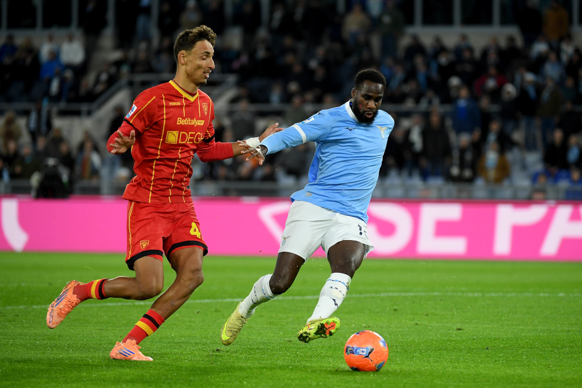 ROME, ITALY - NOVEMBER 23: Boulaye Dia of SS Lazio compete for the ball with Tiago Gabiel of US Lecce during the Serie A match between SS Lazio and US Lecce at Stadio Olimpico on November 23, 2025 in Rome, Italy. (Photo by Marco Rosi - SS Lazio/Getty Images)