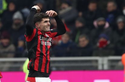 MILAN, ITALY - NOVEMBER 23: Christian Pulisic of AC Milan celebrates after scoring their team's first goalduring the Serie A match between FC Internazionale and AC Milan at Giuseppe Meazza Stadium on November 23, 2025 in Milan, Italy. (Photo by Marco Luzzani/Getty Images)