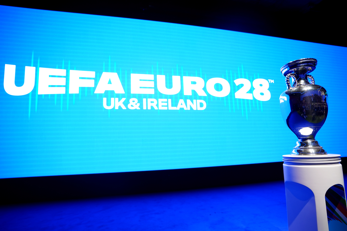 LONDON, ENGLAND - NOVEMBER 12: A general view of the The EURO trophy: Henri Delaunay Cup, ahead of the UEFA EURO 2028 launch at Below The Lights, Piccadilly Circus on November 12, 2025 in London, England. UEFA EURO 2028 will take place in the UK and Republic of Ireland. Nine stadiums will host matches, including Wembley, Hampden Park, Dublin Arena and the National Stadium of Wales. (Photo by James Manning - WPA Pool/Getty Images)