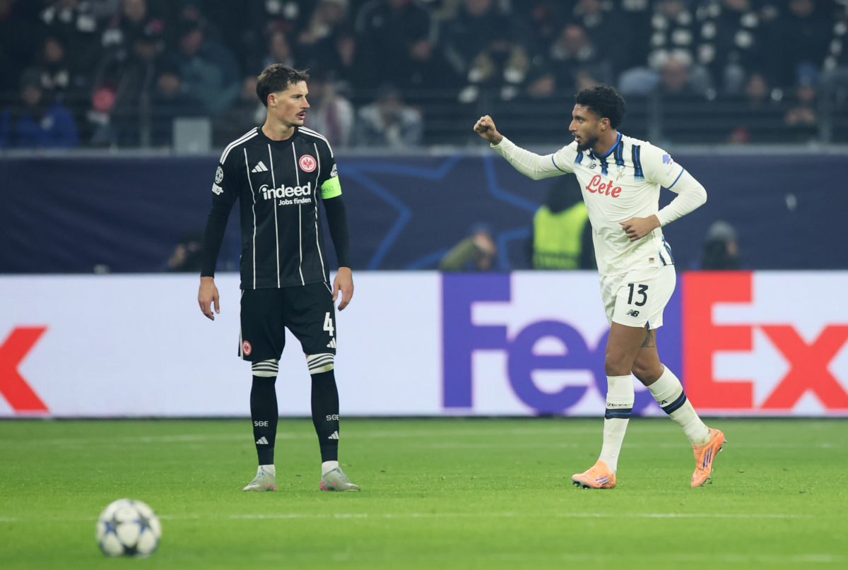 FRANKFURT AM MAIN, GERMANY - NOVEMBER 26: Ederson of Atalanta BC celebrates scoring his team's second goal during the UEFA Champions League 2025/26 League Phase MD5 match between Eintracht Frankfurt and Atalanta BC at Frankfurt Stadion on November 26, 2025 in Frankfurt am Main, Germany. (Photo by Alex Grimm/Getty Images)