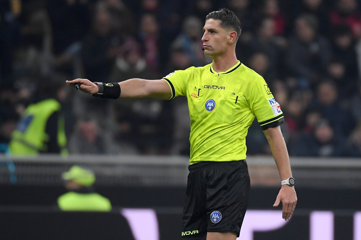 MILAN, ITALY - NOVEMBER 29: Referee Giuseppe Collu during the Serie A match between AC Milan and SS Lazio at Giuseppe Meazza Stadium on November 29, 2025 in Milan, Italy. (Photo by Marco Rosi - SS Lazio/Getty Images)