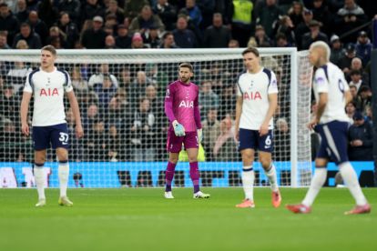 LONDON, ENGLAND - NOVEMBER 29: Guglielmo Vicario of Tottenham Hotspur reacts after failing to make a save against Harry Wilson of Fulham (not pictured) during the Premier League match between Tottenham Hotspur and Fulham at Tottenham Hotspur Stadium on November 29, 2025 in London, England. (Photo by Julian Finney/Getty Images)