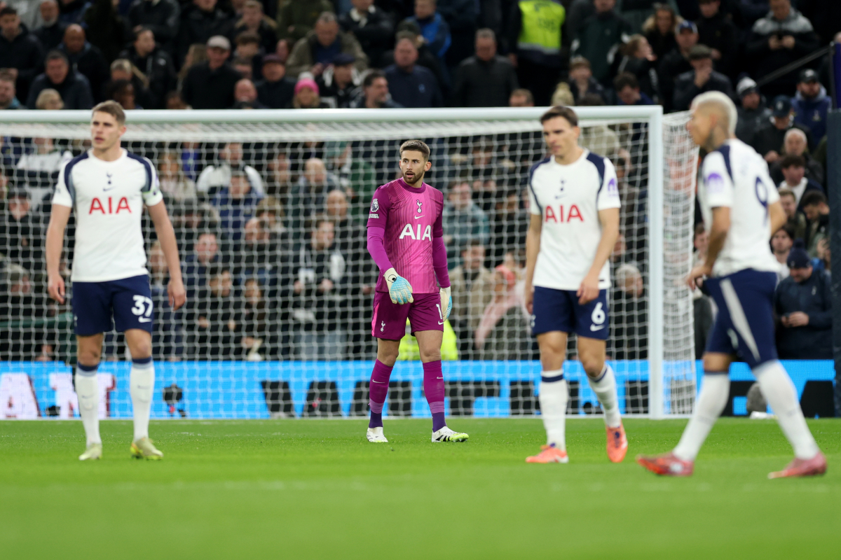 LONDON, ENGLAND - NOVEMBER 29: Guglielmo Vicario of Tottenham Hotspur reacts after failing to make a save against Harry Wilson of Fulham (not pictured) during the Premier League match between Tottenham Hotspur and Fulham at Tottenham Hotspur Stadium on November 29, 2025 in London, England. (Photo by Julian Finney/Getty Images)