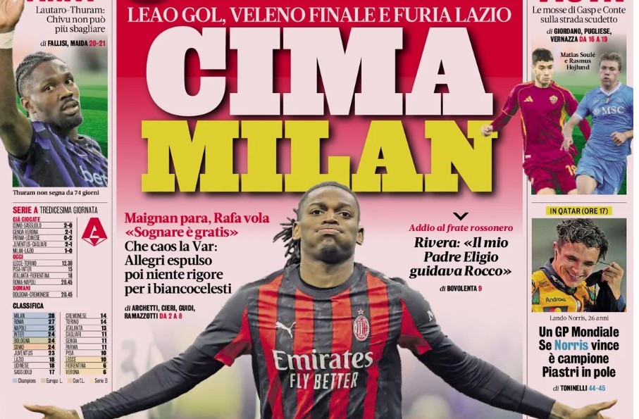 Today’s Papers – Milan take the top spot, Lazio’s fury, Yildiz the magician