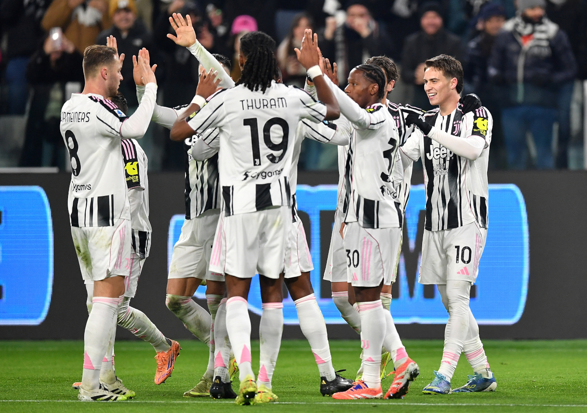 TURIN, ITALY - NOVEMBER 29: Kenan Yõldõz of Juventus FC celebrates a goal with team mates during the Serie A match between Juventus FC and Cagliari Calcio at Allianz Stadium on November 29, 2025 in Turin, Italy. (Photo by Valerio Pennicino/Getty Images)