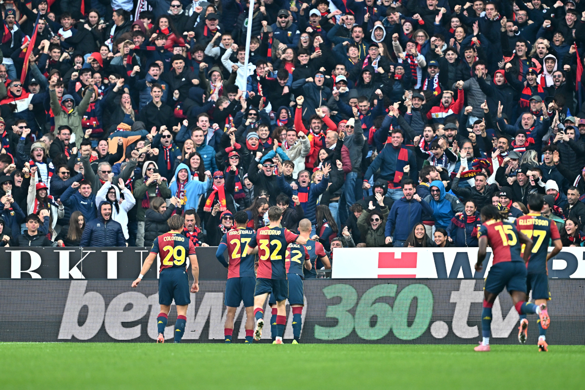 GENOA, ITALY - NOVEMBER 09: Leo Ostigard of Genoa celebrates scoring his team's first goal during the Serie A match between Genoa CFC and ACF Fiorentina at Luigi Ferraris Stadium on November 09, 2025 in Genoa, Italy. (Photo by Simone Arveda/Getty Images)