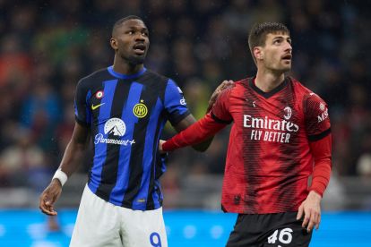 MILAN, ITALY - APRIL 22: Marcus Thuram of FC Internazionale and Matteo Gabbia of AC Milan look on during the Serie A TIM match between AC Milan and FC Internazionale at Stadio Giuseppe Meazza on April 22, 2024 in Milan, Italy. (Photo by Francesco Scaccianoce/Getty Images)