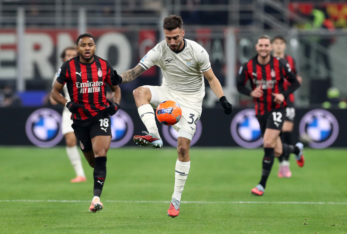 MILAN, ITALY - NOVEMBER 29: Mario Gila of Lazio controls the ball during the Serie A match between AC Milan and SS Lazio at Giuseppe Meazza Stadium on November 29, 2025 in Milan, Italy. (Photo by Marco Luzzani/Getty Images)