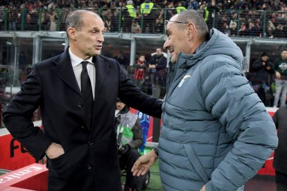 MILAN, ITALY - NOVEMBER 29: AC Milan head coach Massimiliano Allegri and SS Lazio head coach Maurizio Sarri prior the Serie A match between AC Milan and SS Lazio at Giuseppe Meazza Stadium on November 29, 2025 in Milan, Italy. (Photo by Marco Rosi - SS Lazio/Getty Images)