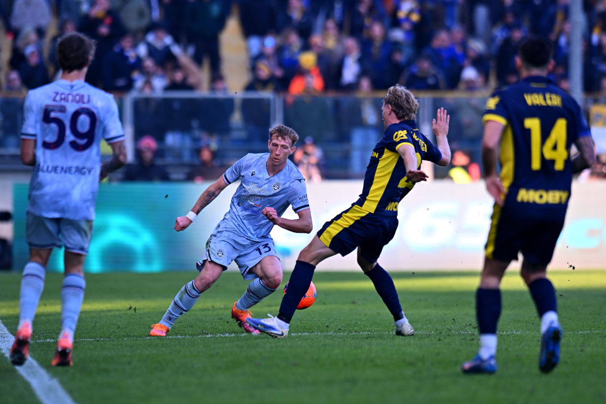 PARMA, ITALY - NOVEMBER 29: Nicolò Bertola of Udinese Calcio during the Serie A match between Parma Calcio 1913 and Udinese Calcio at Stadio Ennio Tardini on November 29, 2025 in Parma, Italy. (Photo by Alessandro Sabattini/Getty Images)