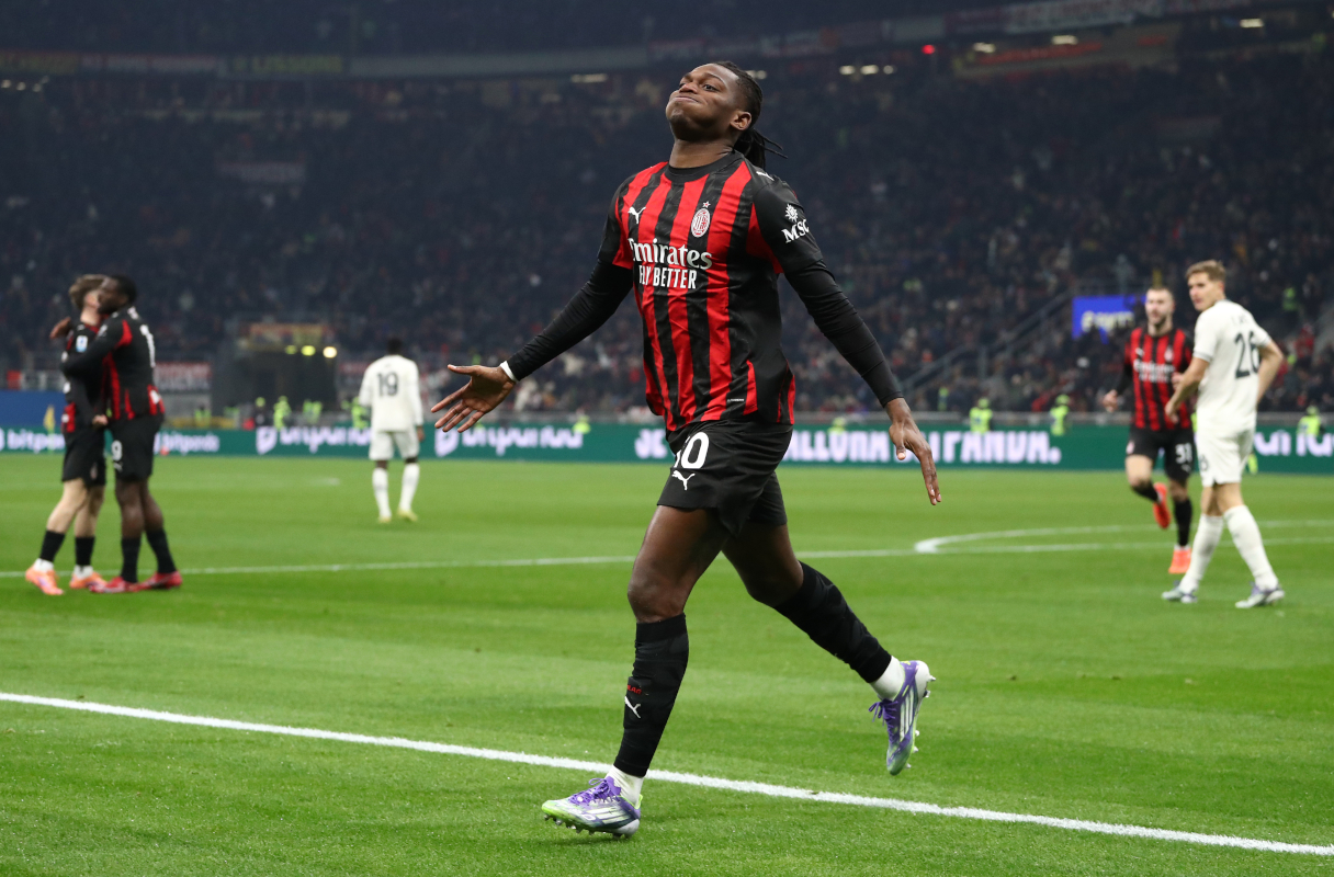 MILAN, ITALY - NOVEMBER 29: Rafael Leao of AC Milan celebrates scoring his team's first goal during the Serie A match between AC Milan and SS Lazio at Giuseppe Meazza Stadium on November 29, 2025 in Milan, Italy. (Photo by Marco Luzzani/Getty Images)