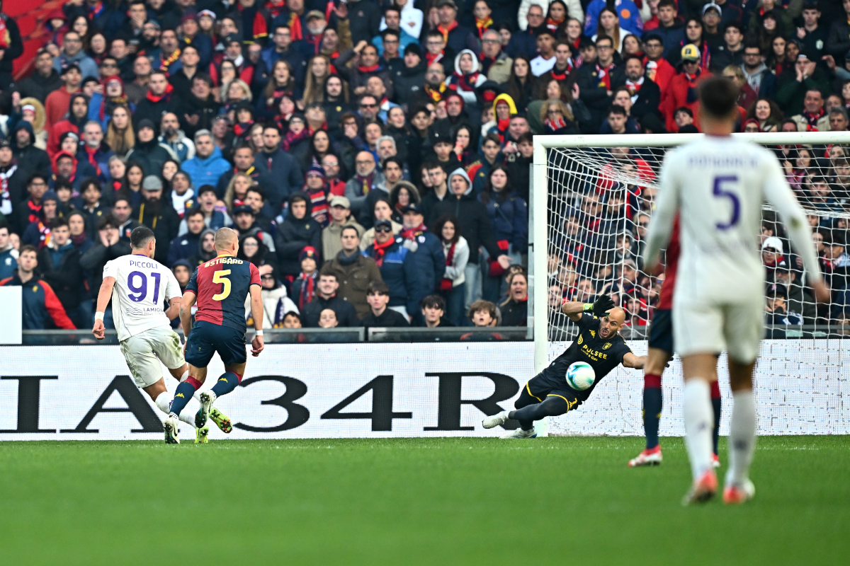 GENOA, ITALY - NOVEMBER 09: Roberto Piccoli of Fiorentina scores his team's second goal during the Serie A match between Genoa CFC and ACF Fiorentina at Luigi Ferraris Stadium on November 09, 2025 in Genoa, Italy. (Photo by Simone Arveda/Getty Images)